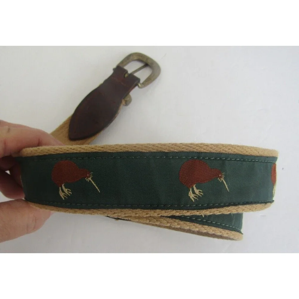 YRI Belt Bird Golfer Green Ribbon And Leather Brass Buckle Mens Size 38